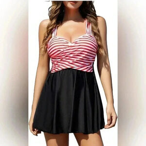 COCOPEAR Women's Elegant Crossover One Piece Swimdress striped Skirted Swimsuit